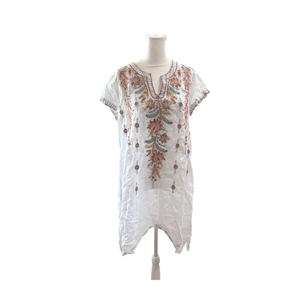 Johnny Was Workshop White‎ Linen Embroidered Floral Tunic Dress Womens Small